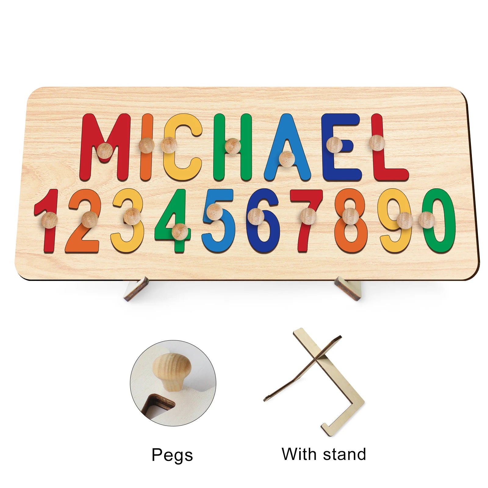 Classic Rainbow With Pegs &amp; Stand - Custom Wooden Name &amp; Number Puzzle – Personalised Educational Toy Baby Stork