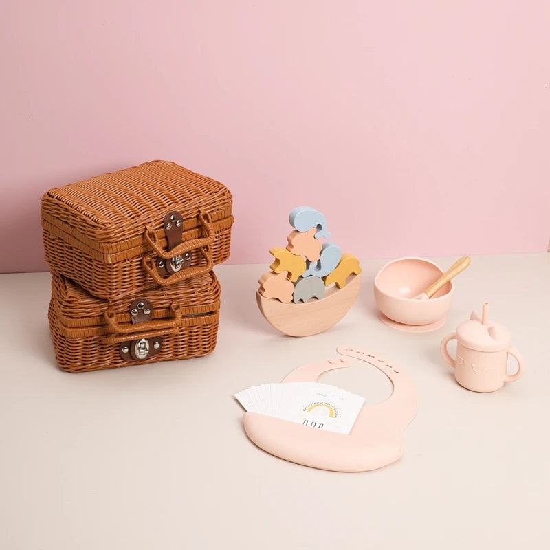 - Premium Baby Keepsake Hamper | Wicker Case, Silicone Feeding Set, Stacking Toy & Milestone Cards Gift Box Baby Stork Gifting