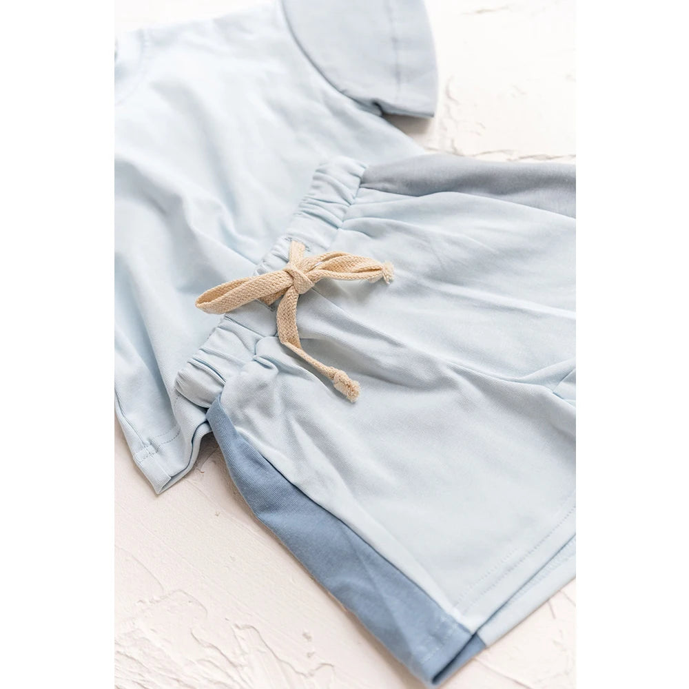 - Two-Tone Cool Blue Cotton Shorts + Romper Set Baby Stork