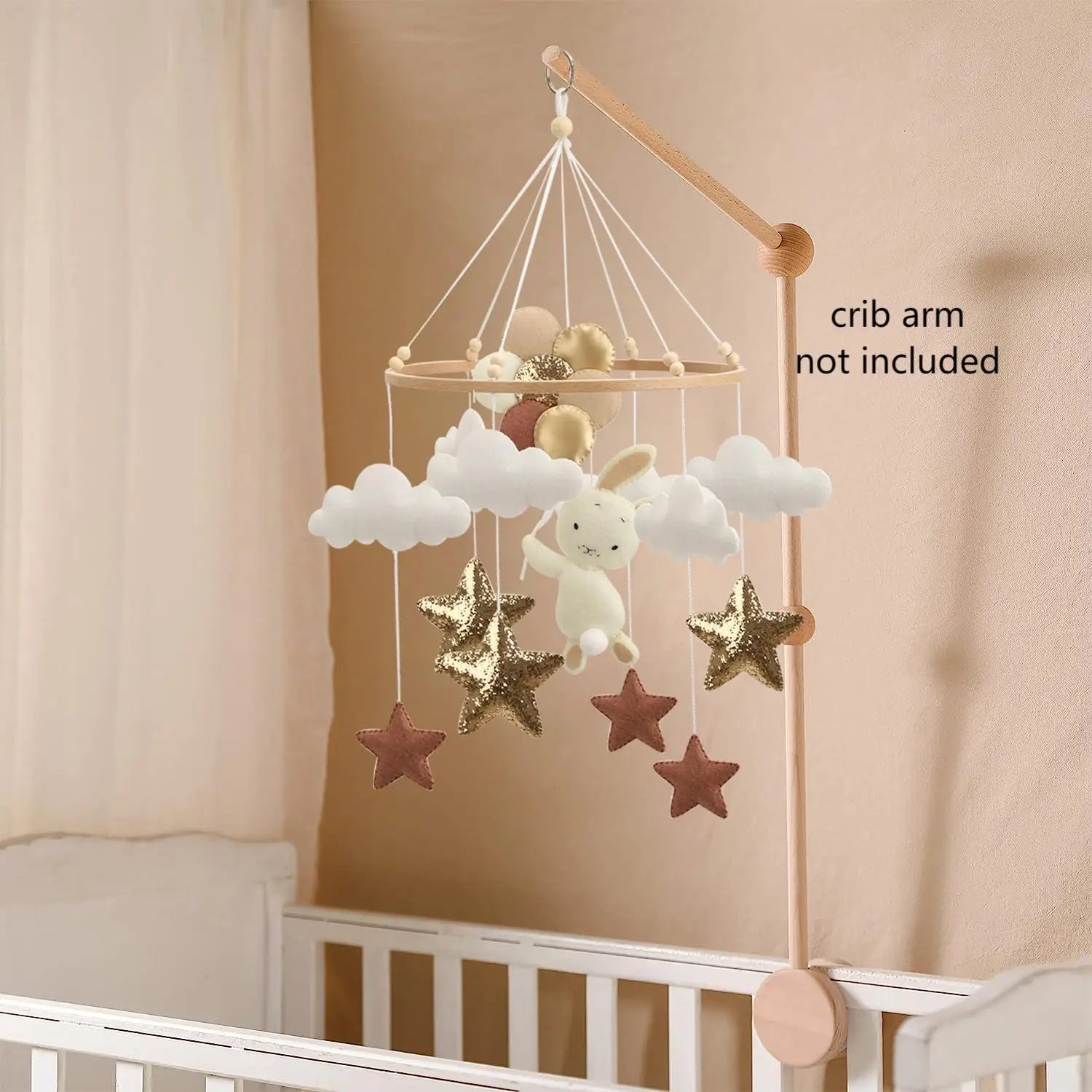 - Bunny & Stars BOHO Baby Mobile – White Clouds, Gold & Brown Stars Baby Stork