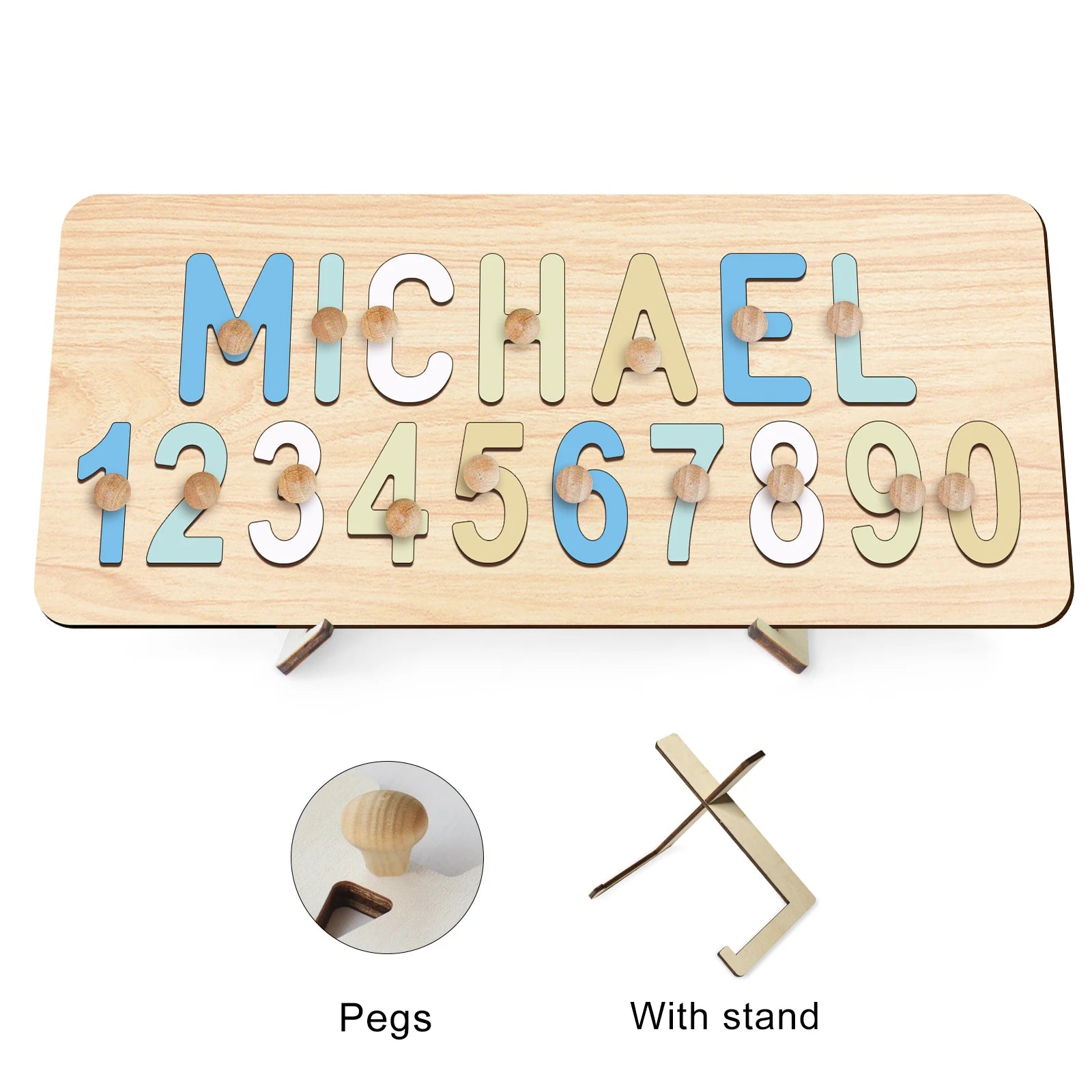 Soft Pastels With Pegs &amp; Stand - Custom Wooden Name &amp; Number Puzzle – Personalised Educational Toy Baby Stork