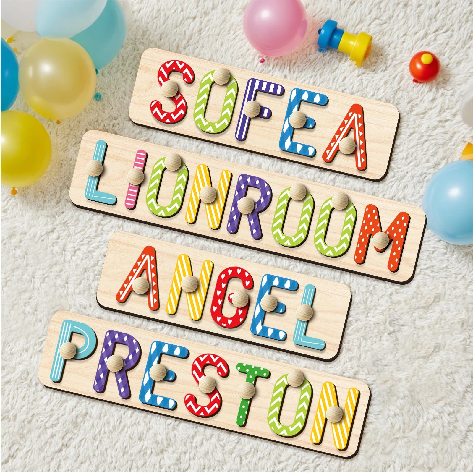- Custom Wooden Name Puzzle with Pegs – Colourful Letters Baby Stork