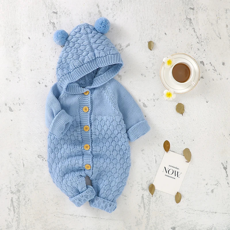 Light Blue - Baby Bear Hooded Knit Jumpsuit Baby Stork