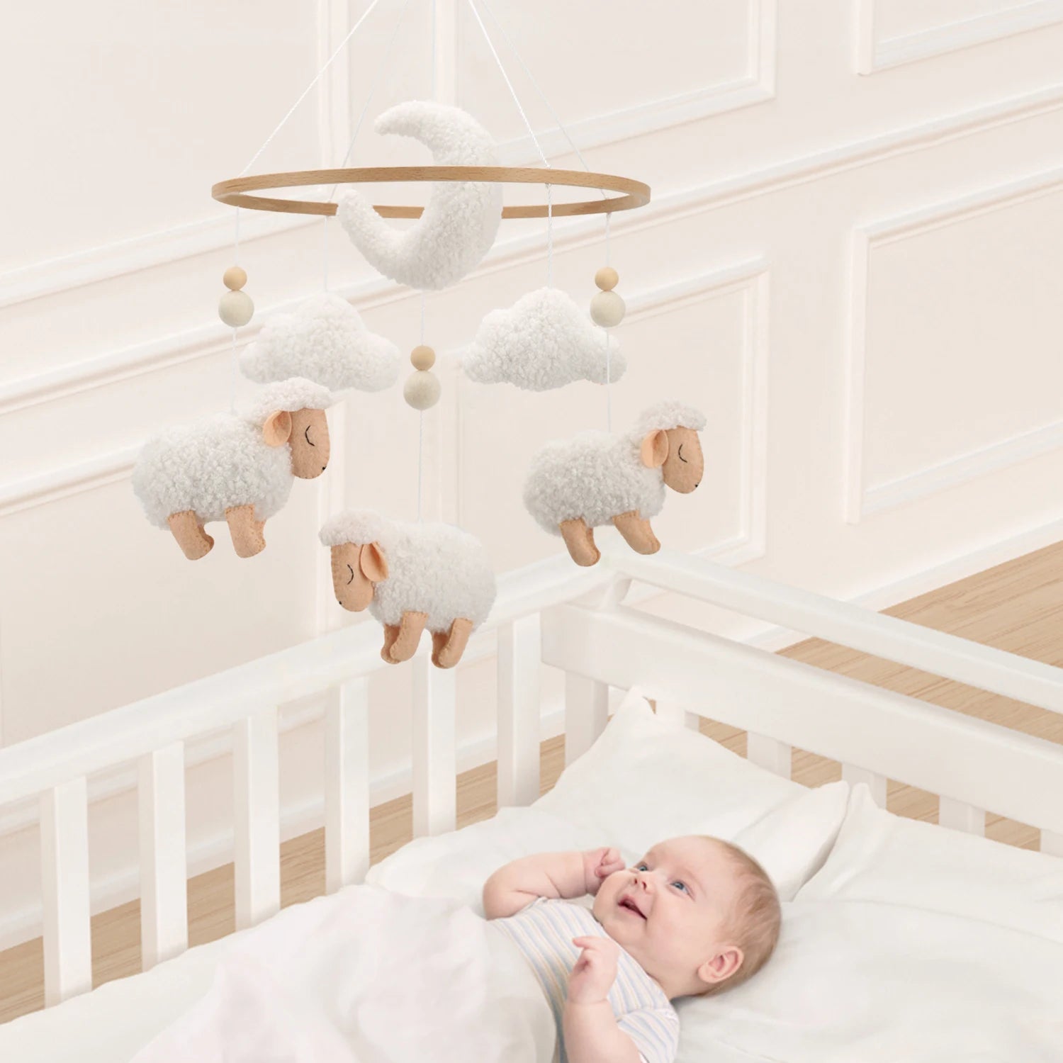 Bouclé Sheep Baby Mobile | Neutral Nursery Mobile with Sheep, Moon &amp; Clouds