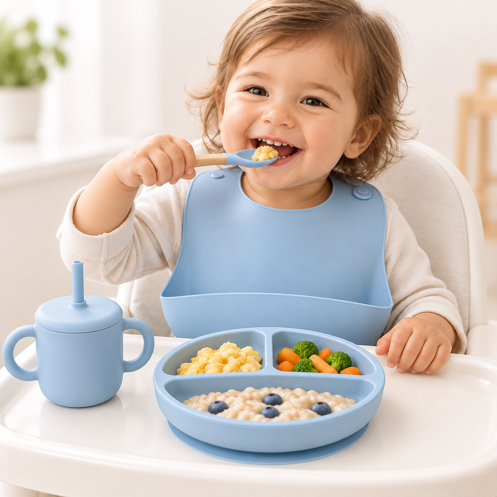 Silicone Feeding Set with Bib, Plate, Bowl &amp; Snack Cup