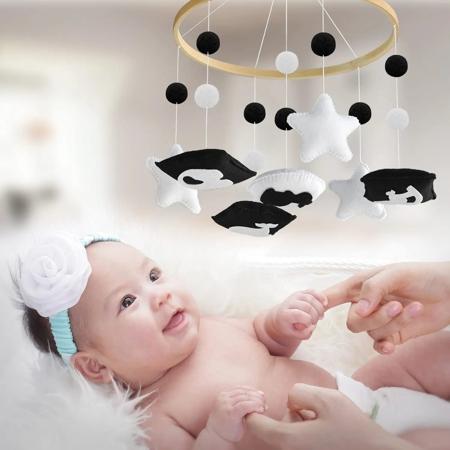 - High Contrast Black & White Baby Mobile – Sensory Newborn Nursery Cot Mobile Baby Stork Baby Mobile