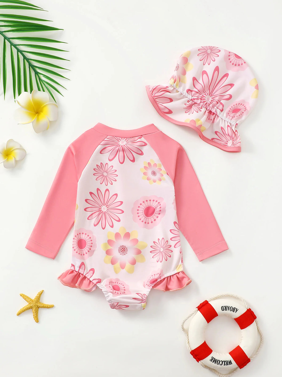 Pink Floral Baby &amp; Toddler Swimsuit &amp; Hat Set