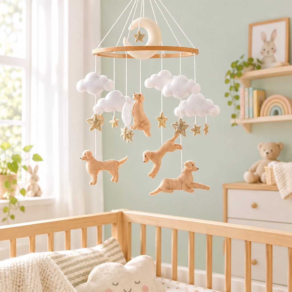 - Golden Retriever Felt Cot Mobile - Tan & Cream AE