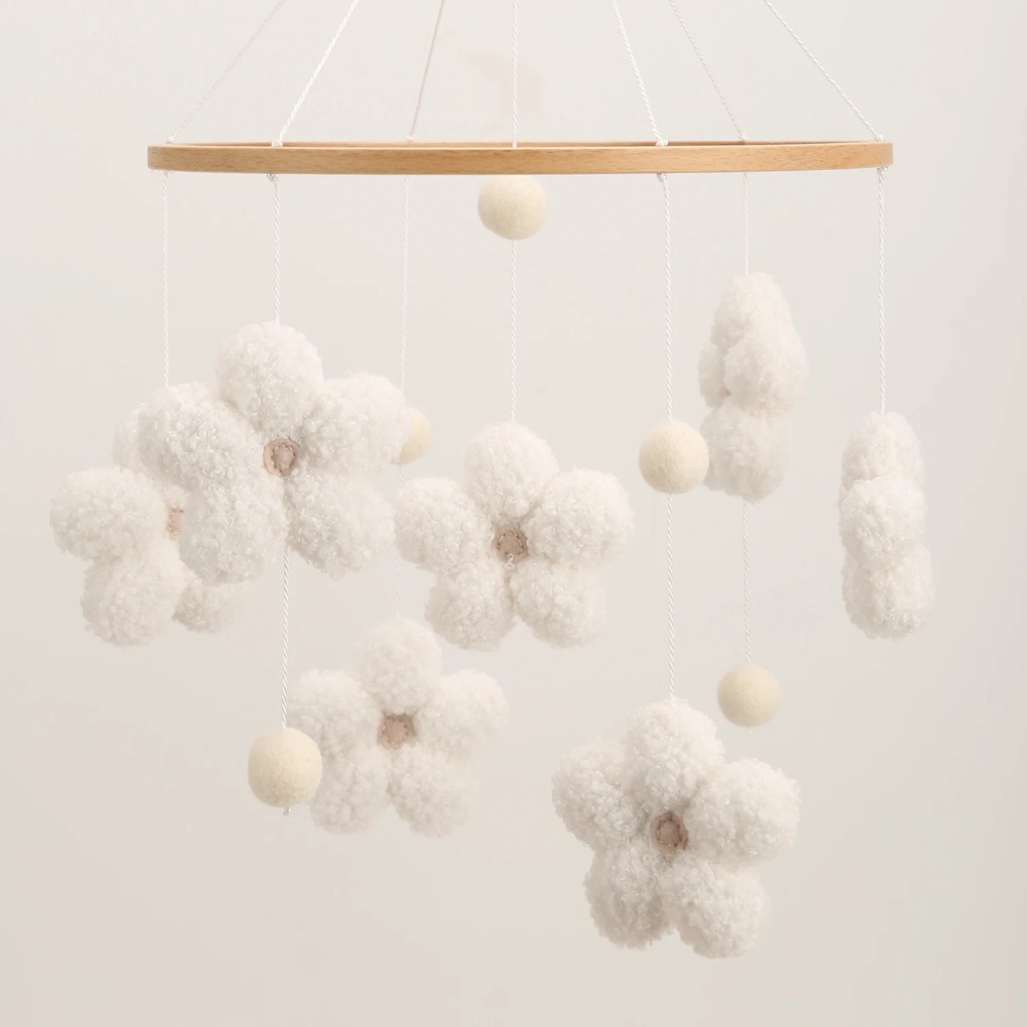 - Bouclé Flower Mobile – Soft Neutral Nursery Décor Baby Stork