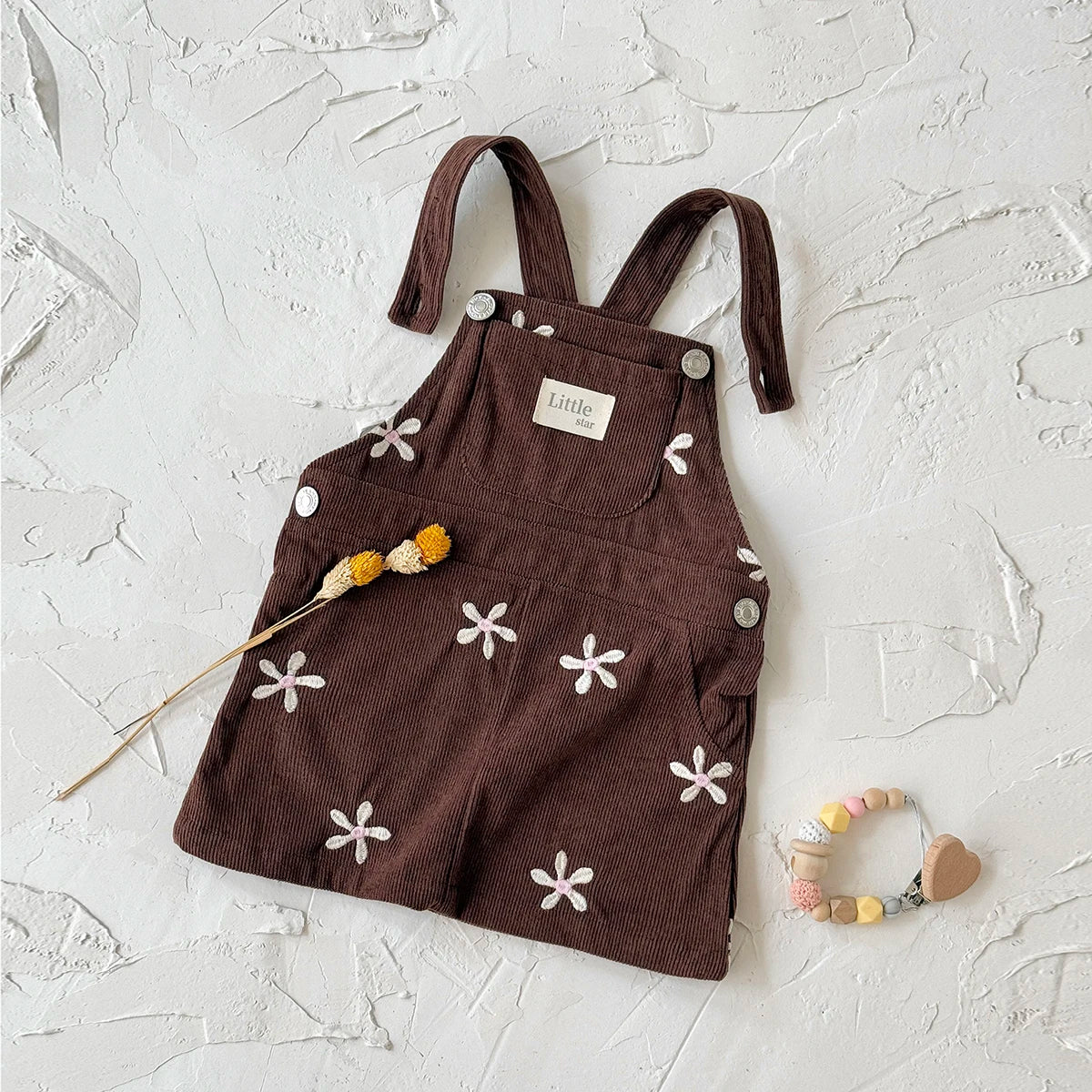 - Chocolate Corduroy Overall Dress – Embroidered Daisy Pinafore Baby Stork
