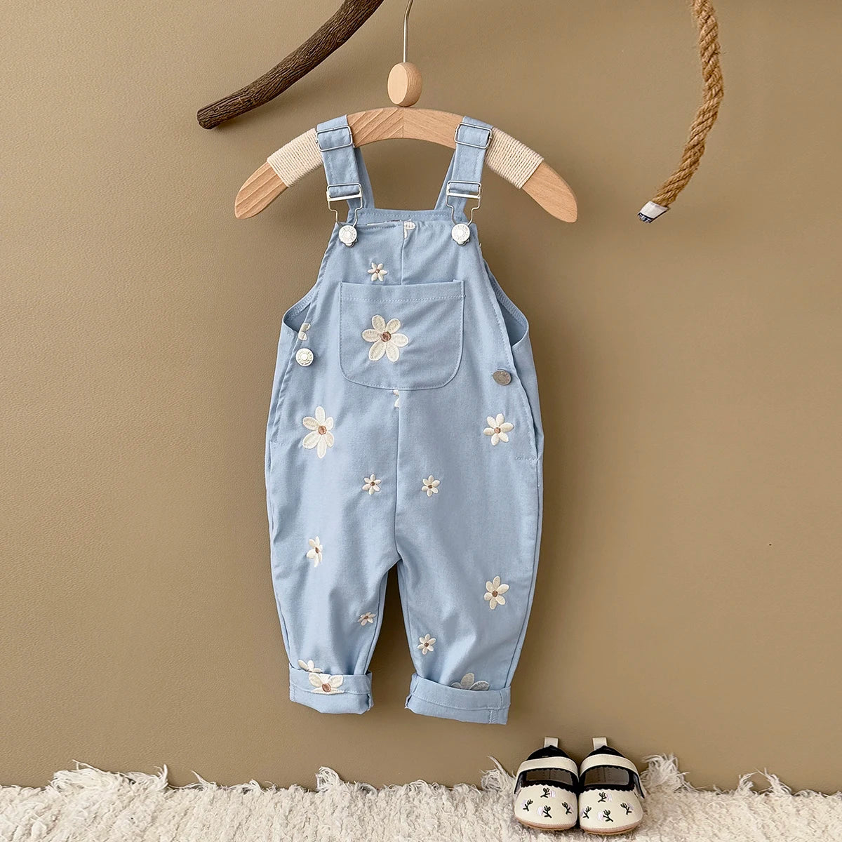 - Daisy Embroidered Overalls – Soft Blue Cotton Baby Stork