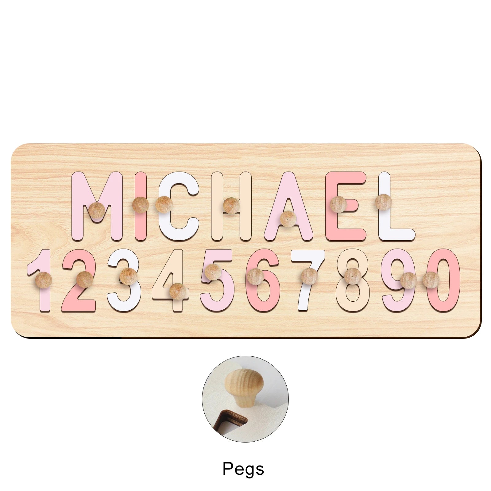Blush Dreams With Pegs - Custom Wooden Name &amp; Number Puzzle – Personalised Educational Toy Baby Stork