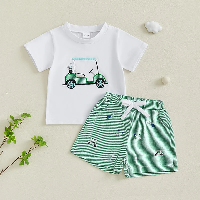 4Y - Green Golf Cart T-Shirt & Shorts Set Baby Stork