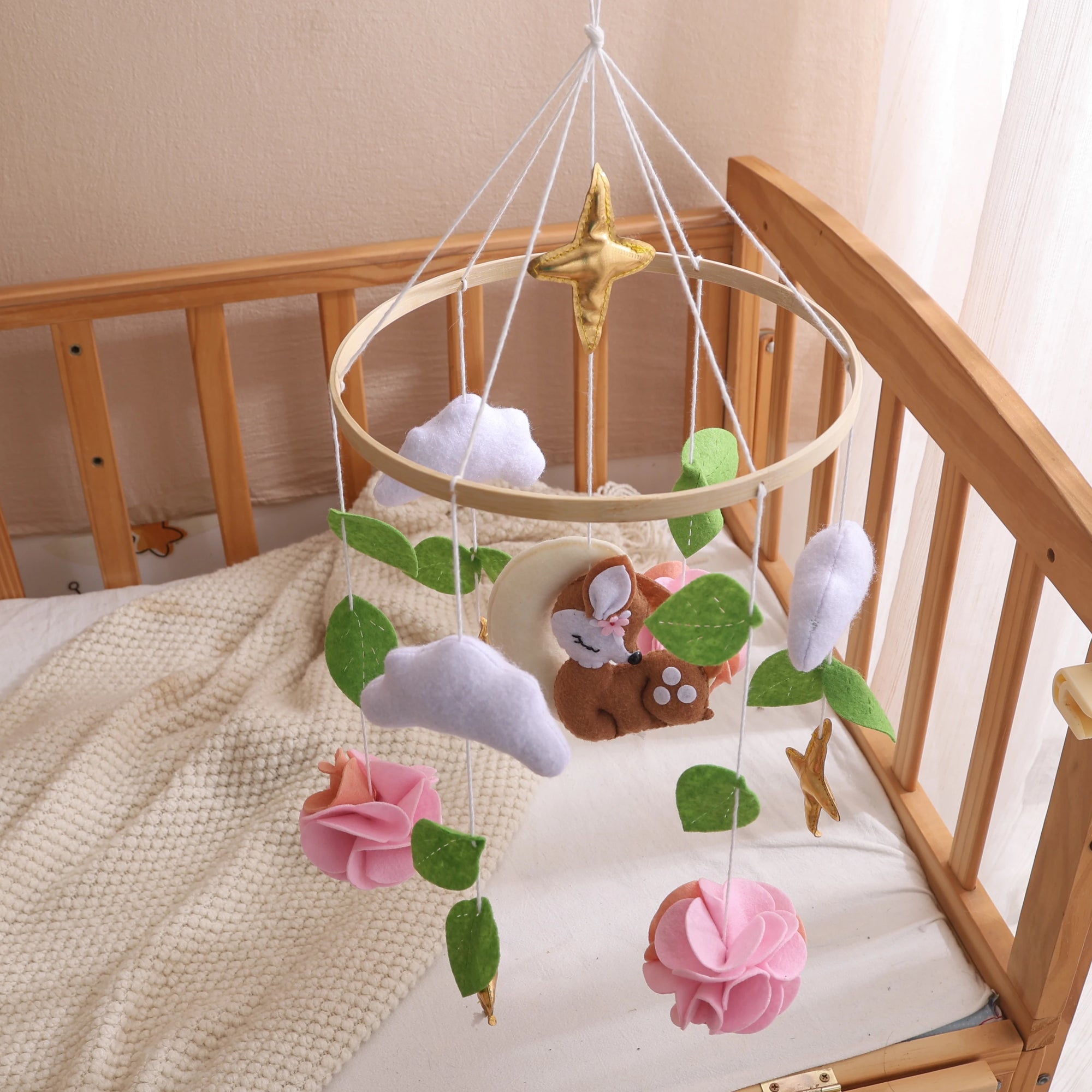 - Floral Deer Baby Mobile – Handmade Felt Cot Mobile with Flowers & Stars Baby Stork