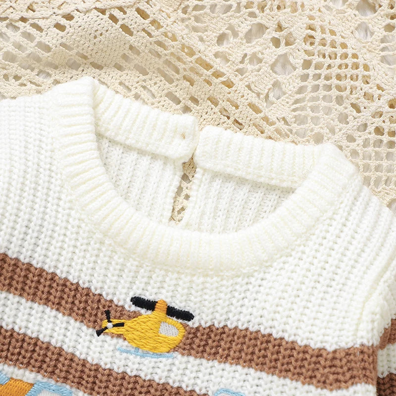 - Light Blue Vehicle Knit Sweater – Soft & Warm Striped Baby Jumper Baby Stork