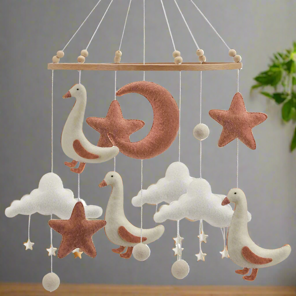 - Goose & Moon Baby Mobile – Felt Nursery Mobile with Clouds & Stars | Handmade Crib Décor Baby Stork Baby Mobile