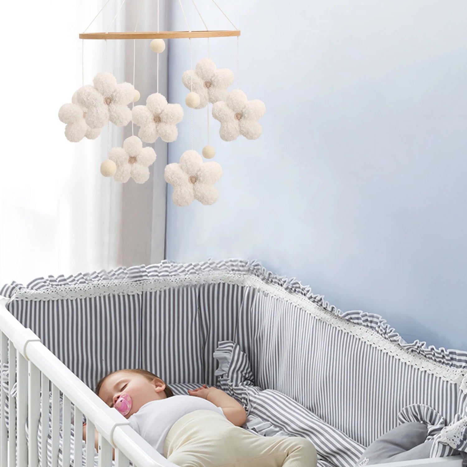 - Bouclé Flower Mobile – Soft Neutral Nursery Décor Baby Stork