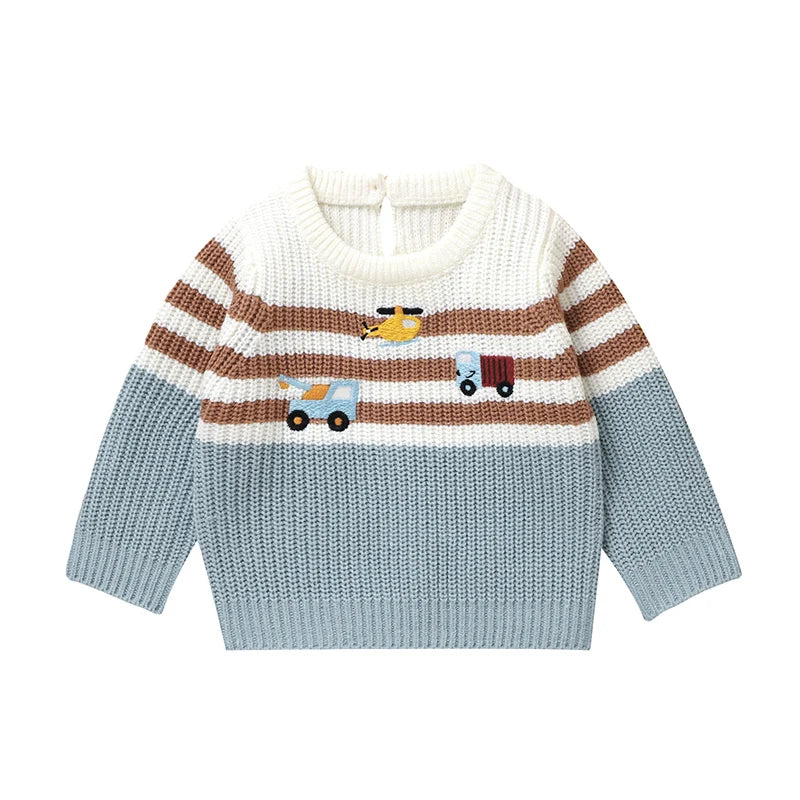 3T - Light Blue Vehicle Knit Sweater – Soft & Warm Striped Baby Jumper Baby Stork