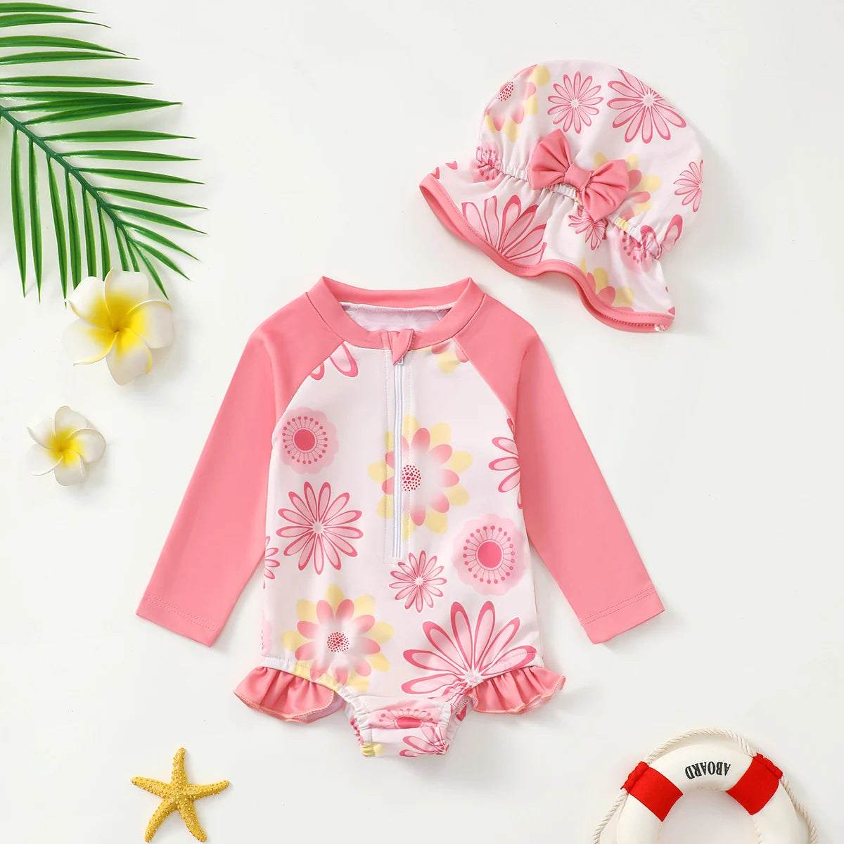 Pink Floral Baby &amp; Toddler Swimsuit &amp; Hat Set