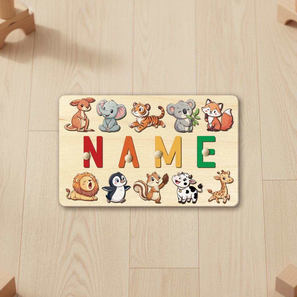 Personalised Wooden Name Puzzle Board | Animal-Themed Montessori Learning Toy