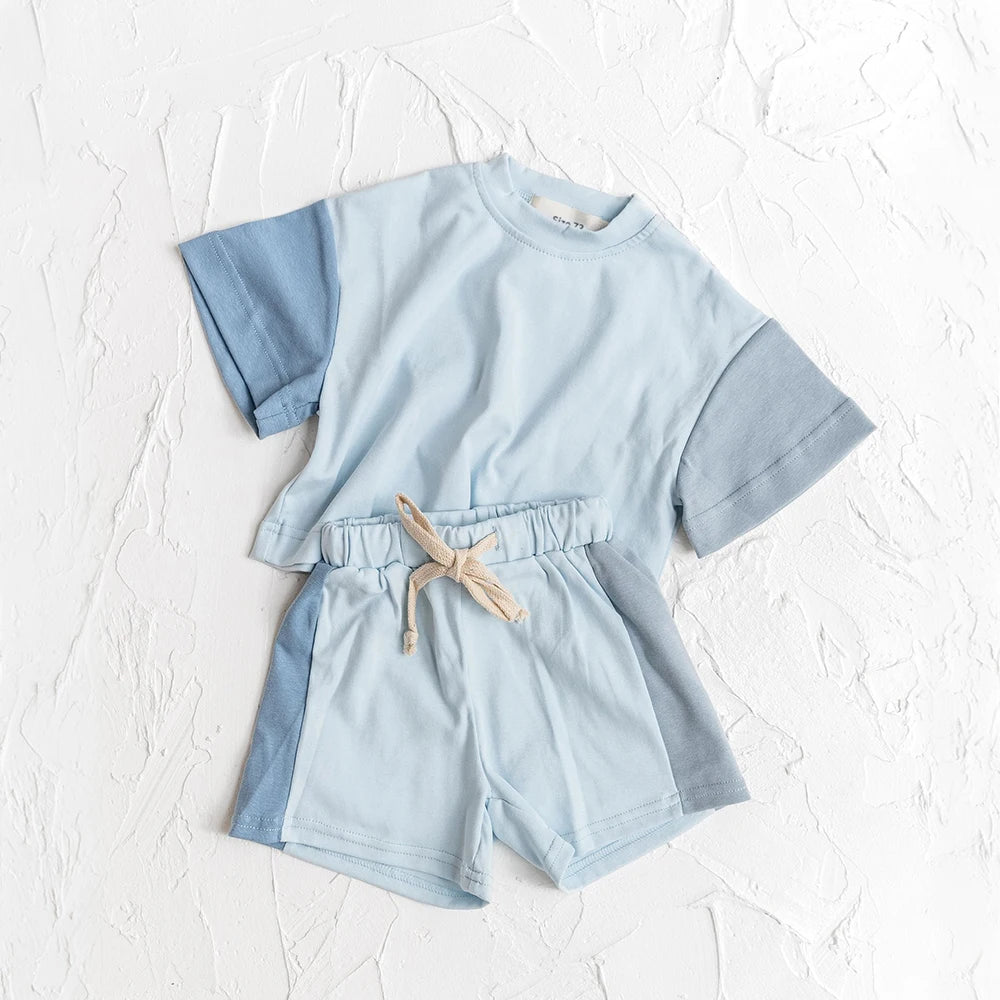 - Two-Tone Cool Blue Cotton Shorts + Romper Set Baby Stork