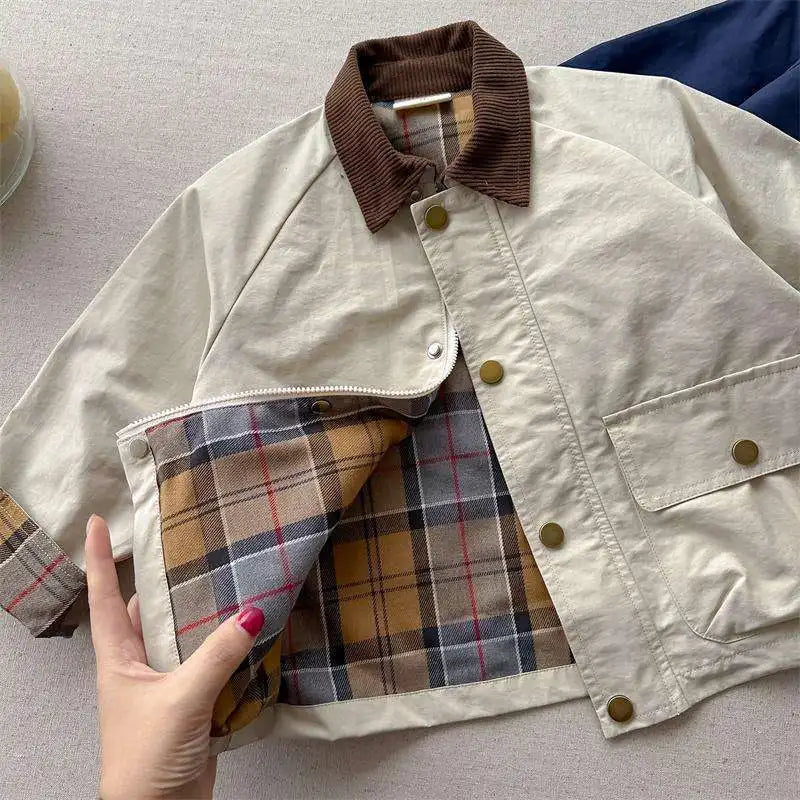 Kids Check Detail Collared Jacket