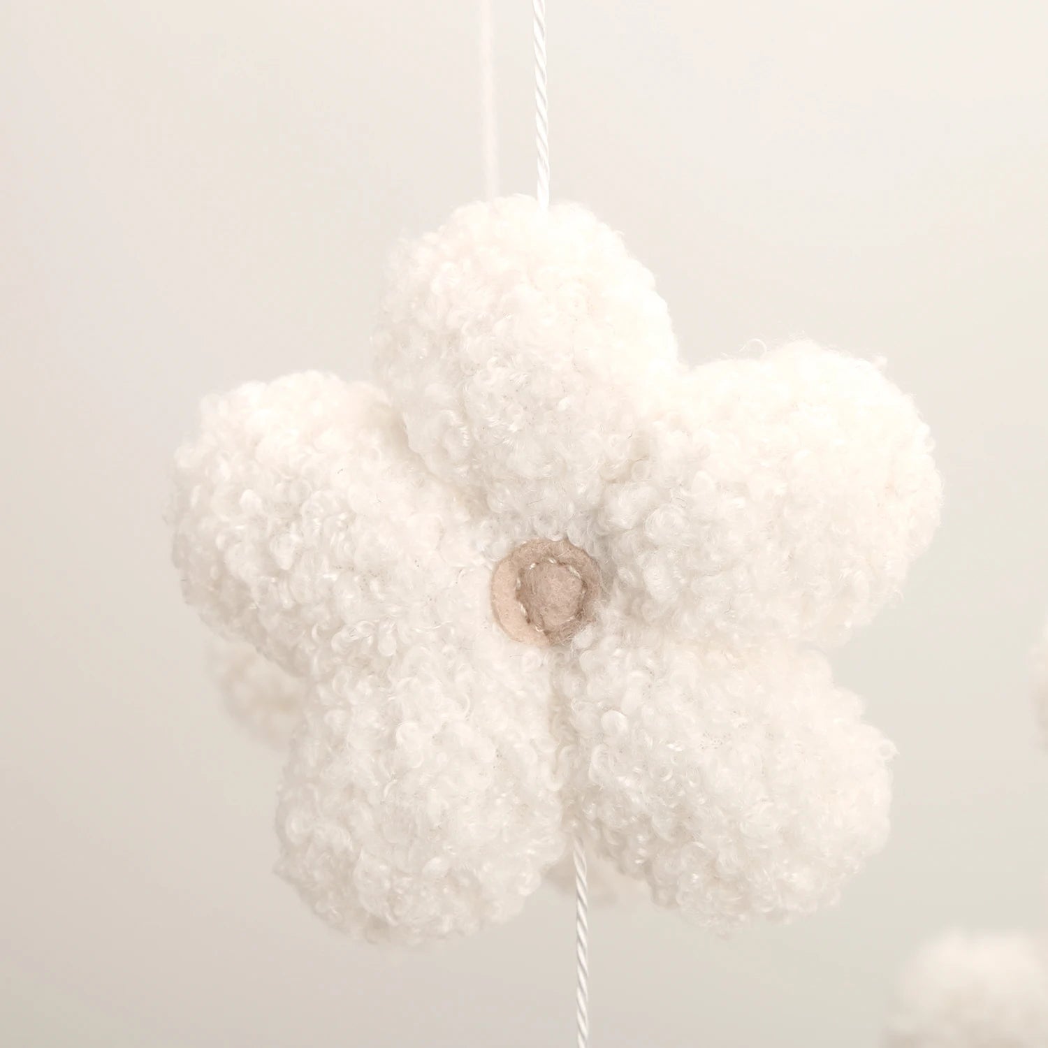 - Bouclé Flower Mobile – Soft Neutral Nursery Décor Baby Stork