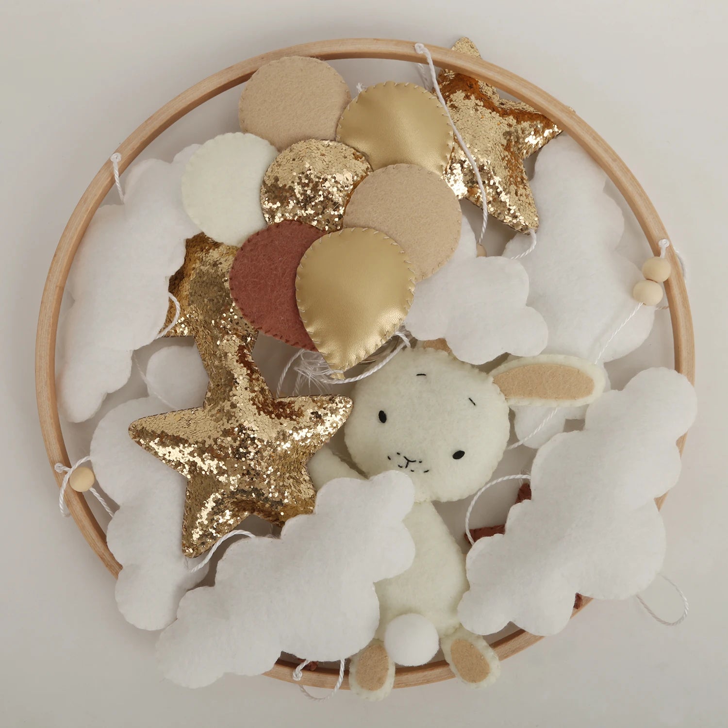 - Bunny & Stars BOHO Baby Mobile – White Clouds, Gold & Brown Stars Baby Stork