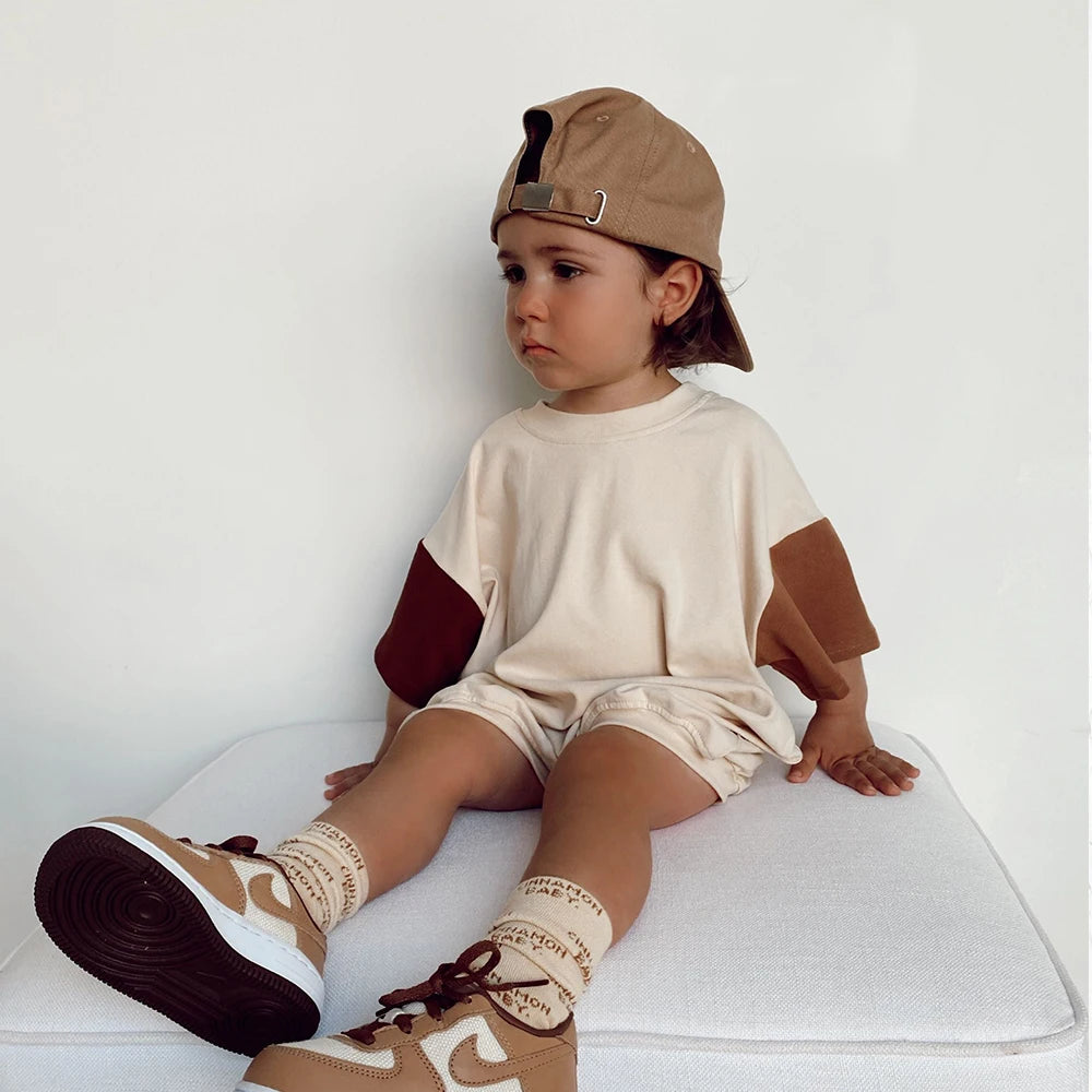 - Two-Tone Neutral Cotton Shorts + Romper Set Baby Stork
