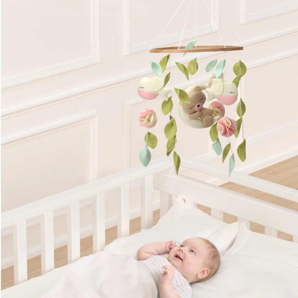 🌸 Boho Teddy Bear Baby Mobile – Girl&#39;s Nursery Decor with Birds, Flowers &amp; Leaves