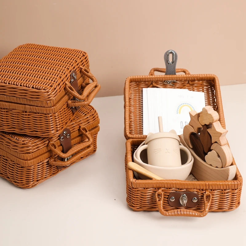 - Neutral Baby Keepsake Hamper | Wicker Suitcase Gift Set with Silicone Feeding Essentials, Wooden Balancing Toy & Milestone Cards Baby Stork Gifting