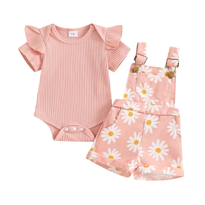 Pink - Daisy Delight Suspender Shorts Set Baby Stork