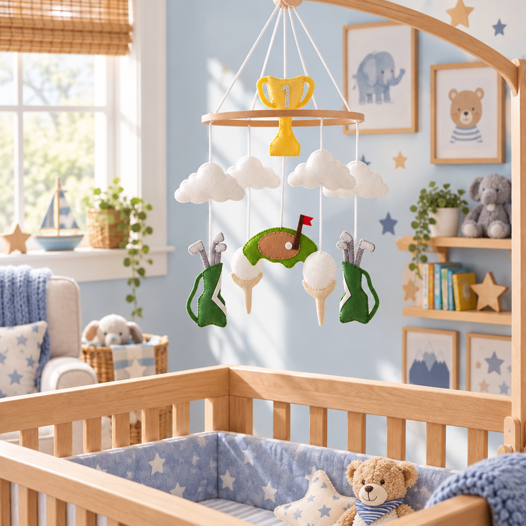 - Golf & Clouds Felt Cot Mobile - Green & White AE