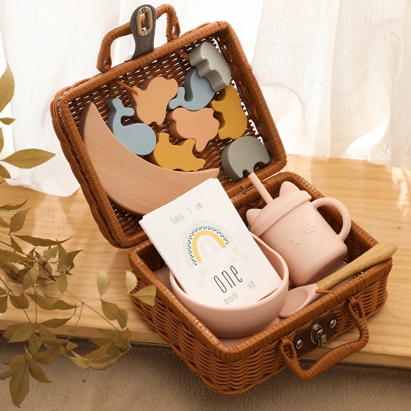 - Premium Baby Keepsake Hamper | Wicker Case, Silicone Feeding Set, Stacking Toy & Milestone Cards Gift Box Baby Stork Gifting