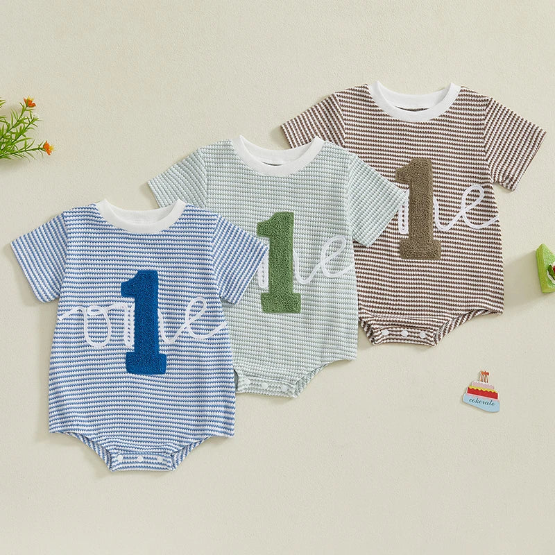 - “One” First Birthday Romper Baby Stork