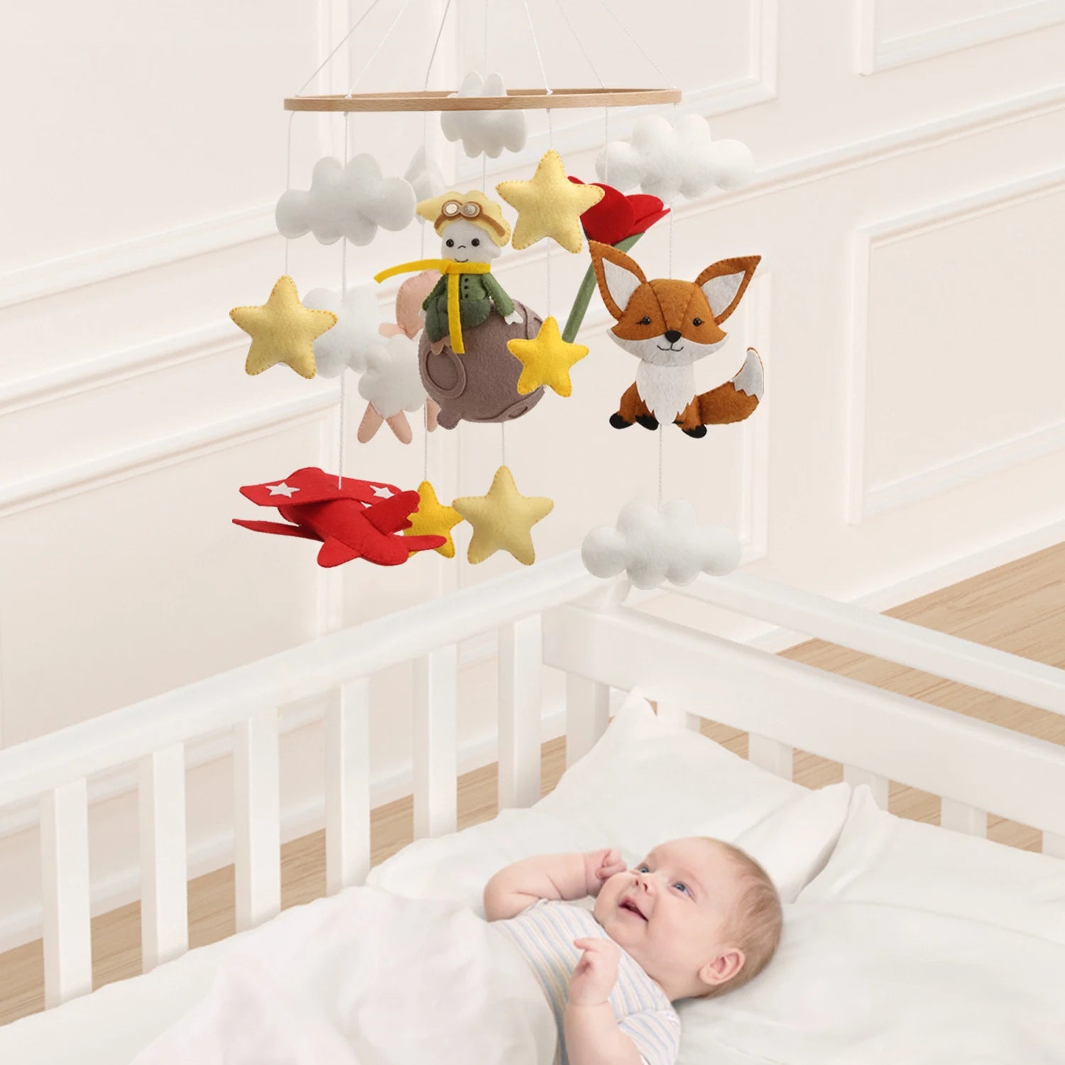 - Little Prince & Friends Felt Baby Mobile – Nursery Cot Mobile Baby Stork Baby Mobile