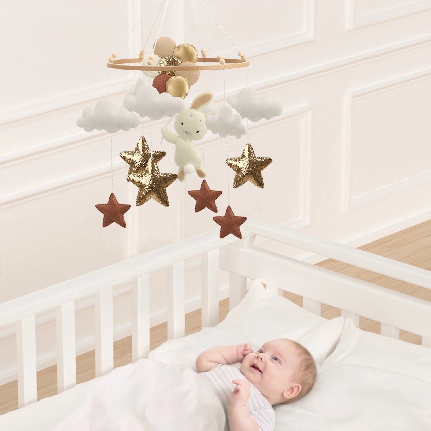 - Bunny & Stars BOHO Baby Mobile – White Clouds, Gold & Brown Stars Baby Stork