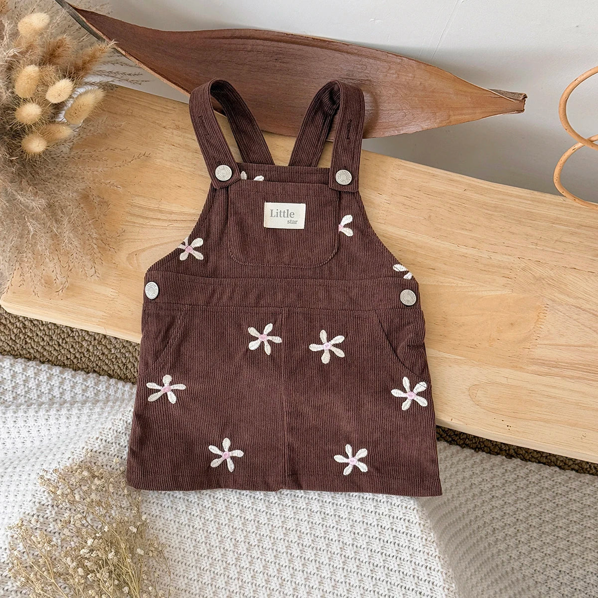2-3Y - Chocolate Corduroy Overall Dress – Embroidered Daisy Pinafore Baby Stork