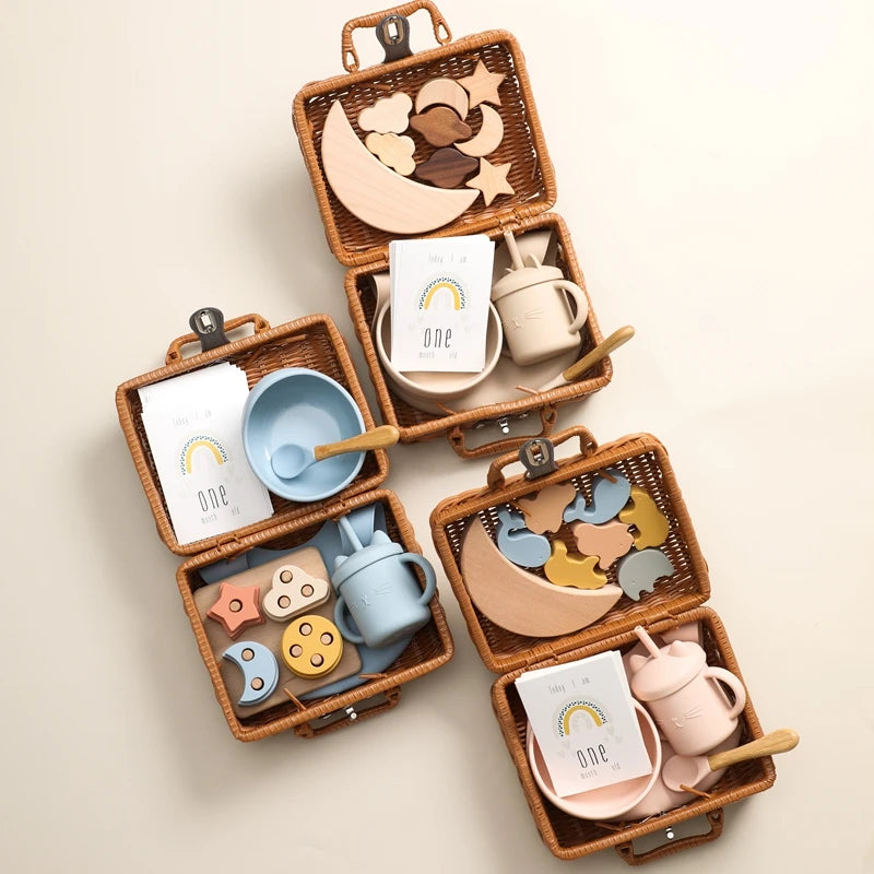 - Neutral Baby Keepsake Hamper | Wicker Suitcase Gift Set with Silicone Feeding Essentials, Wooden Balancing Toy & Milestone Cards Baby Stork Gifting