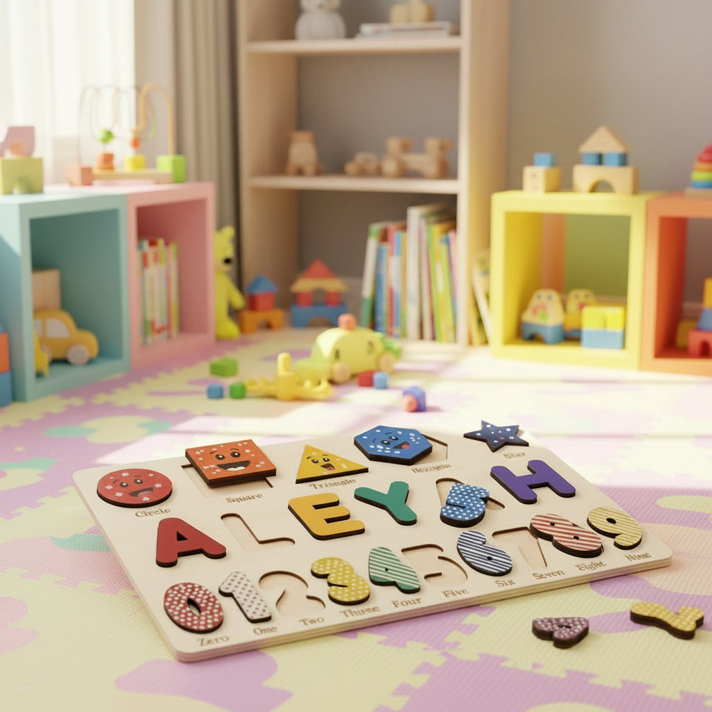 - Personalised Smiling Shapes & Numbers Puzzle Board – Custom Wooden Early Learning Toy (Up to 9 Letters, 6 Designs) Baby Stork Puzzles