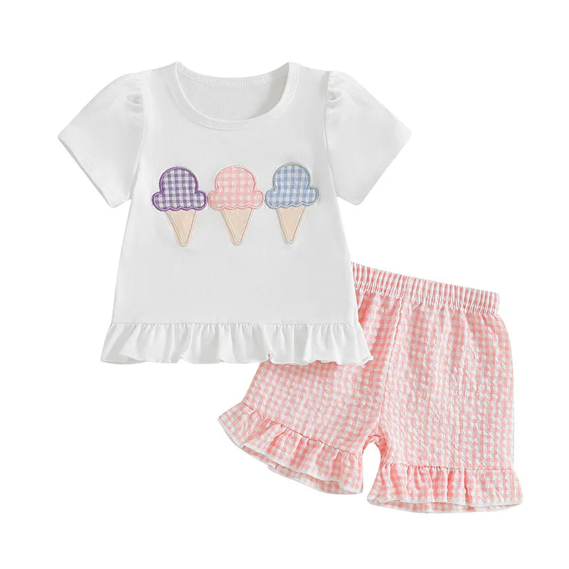 Pink - Ice Cream Appliqué Shorts Set Baby Stork