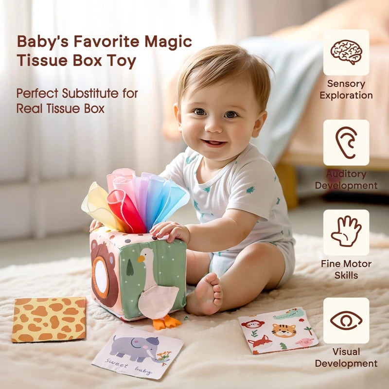 - Montessori Sensory Magic Tissue Box Toy – Soft Fabric Crinkle Tissue Sensory Set for Babies & Toddlers Baby Stork