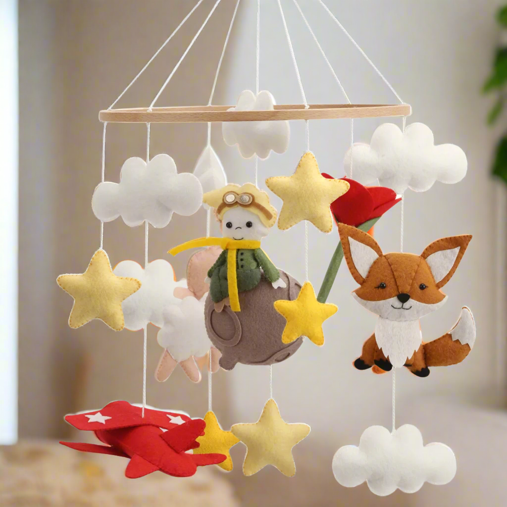 - Little Prince & Friends Felt Baby Mobile – Nursery Cot Mobile Baby Stork Baby Mobile