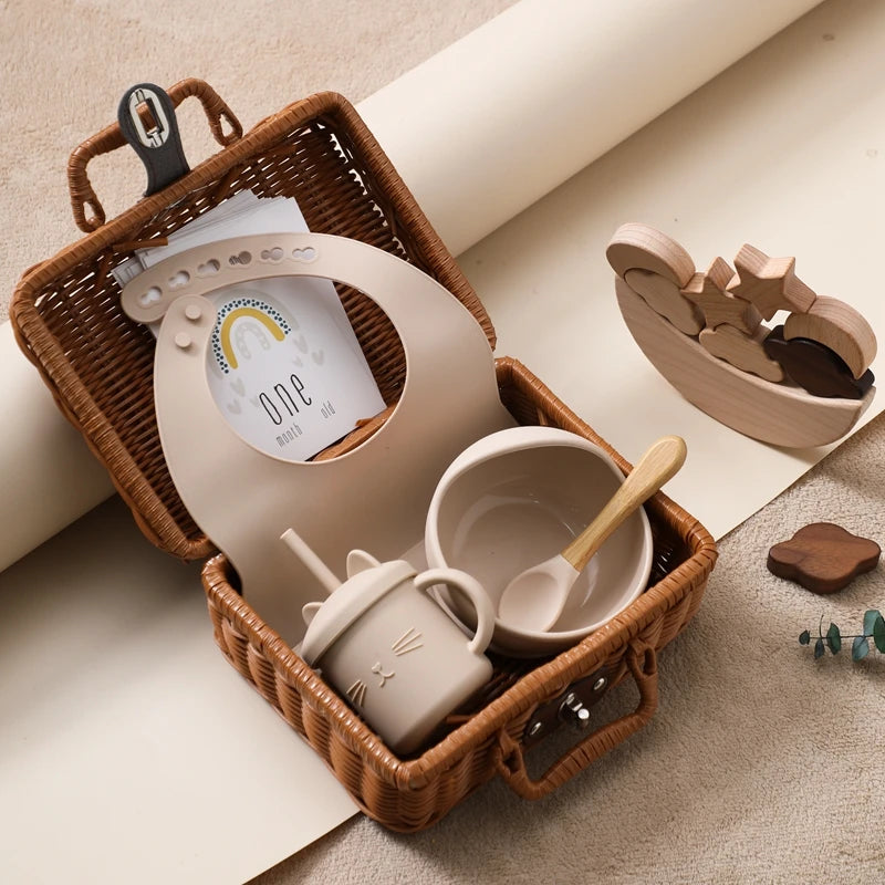 - Neutral Baby Keepsake Hamper | Wicker Suitcase Gift Set with Silicone Feeding Essentials, Wooden Balancing Toy & Milestone Cards Baby Stork Gifting