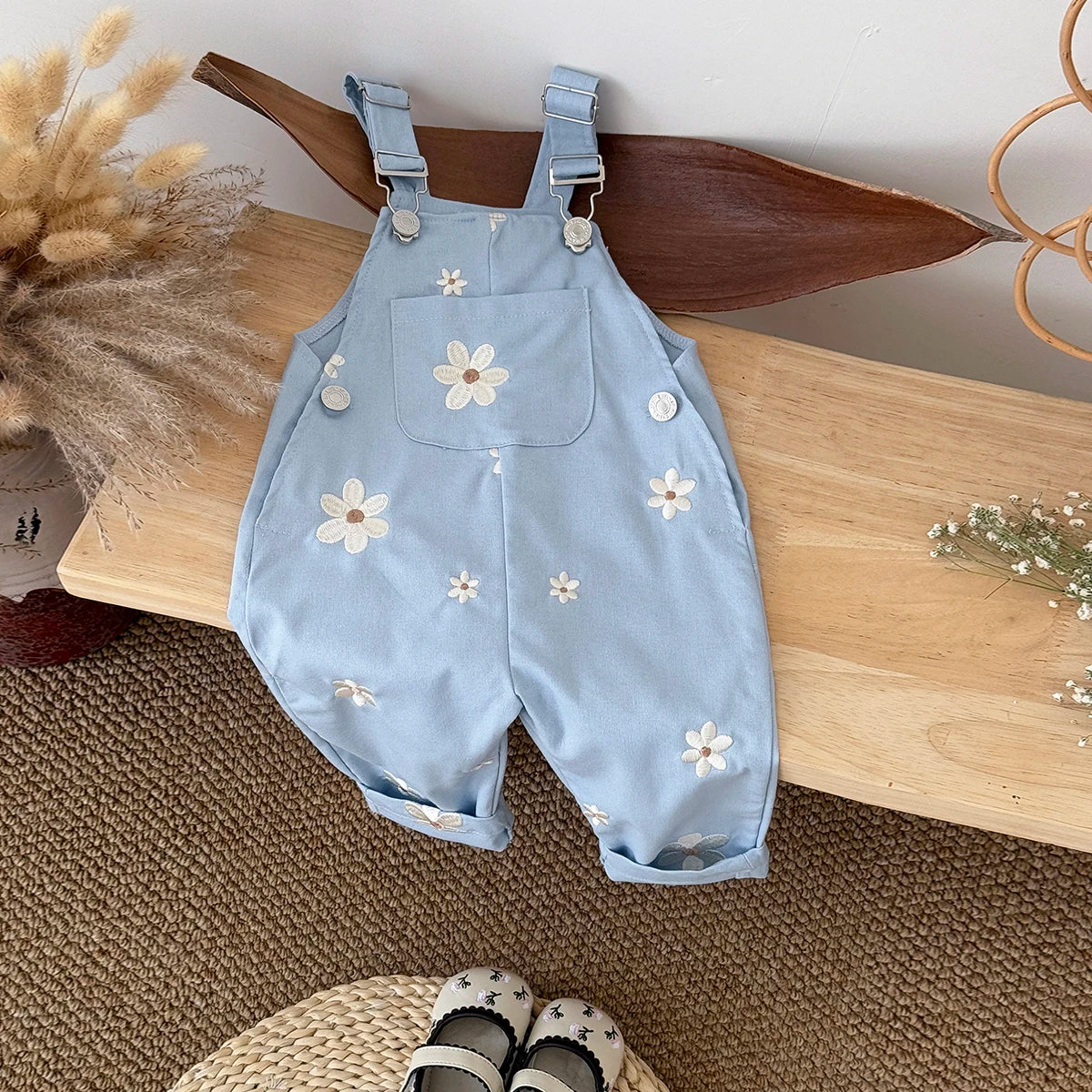 - Daisy Embroidered Overalls – Soft Blue Cotton Baby Stork