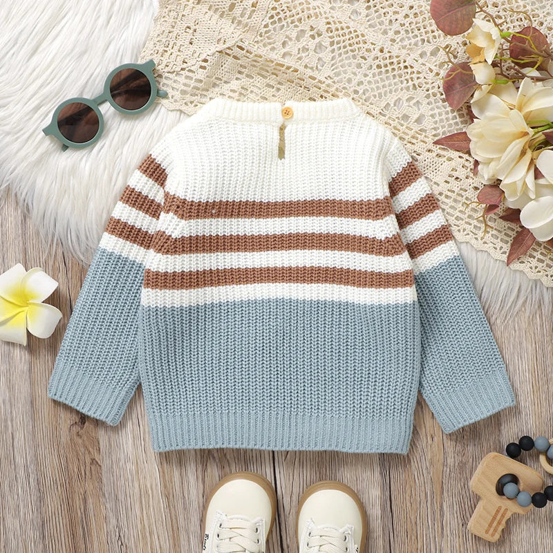 - Light Blue Vehicle Knit Sweater – Soft & Warm Striped Baby Jumper Baby Stork