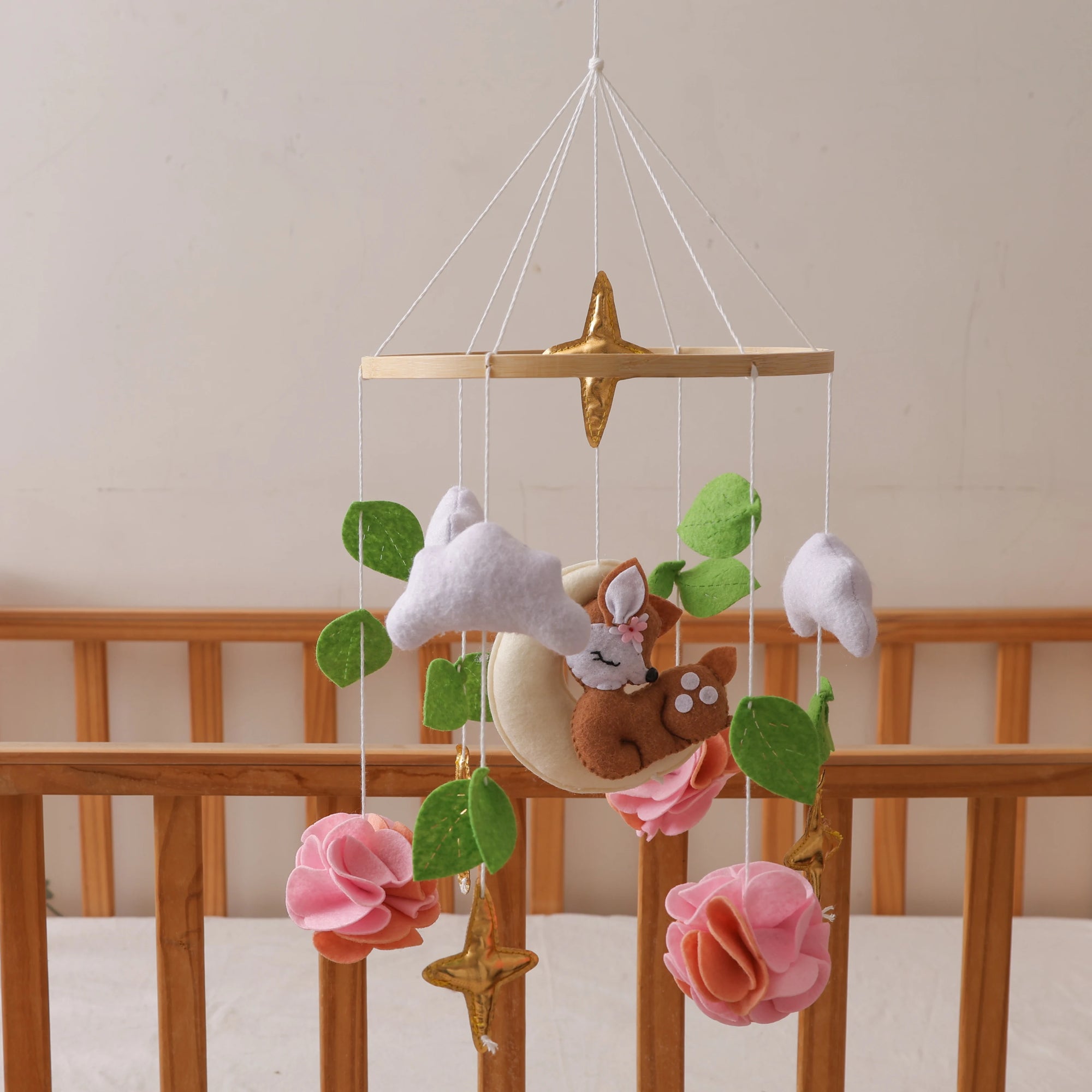 - Floral Deer Baby Mobile – Handmade Felt Cot Mobile with Flowers & Stars Baby Stork