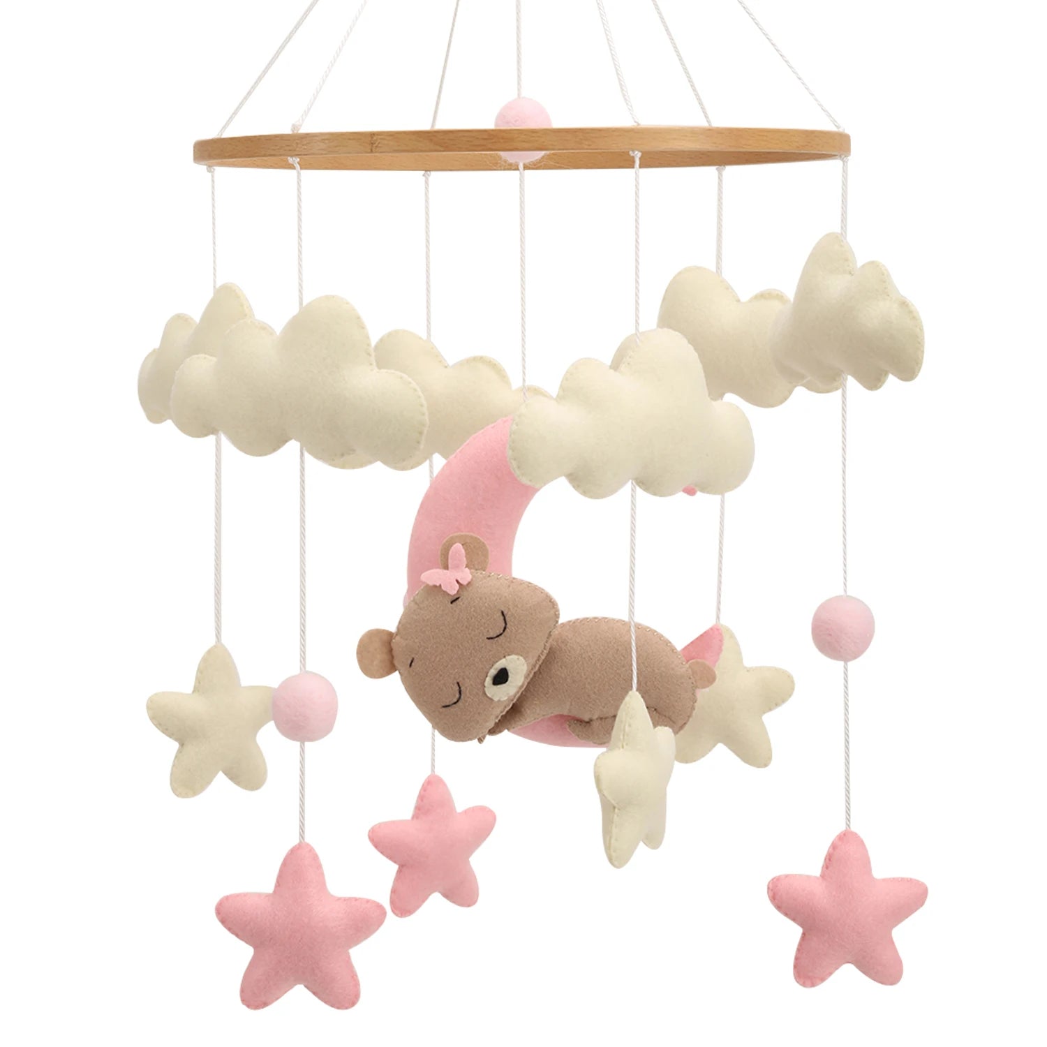 🌙 Teddy Bear Moon Baby Mobile – Pink Stars and Clouds Crib Mobile