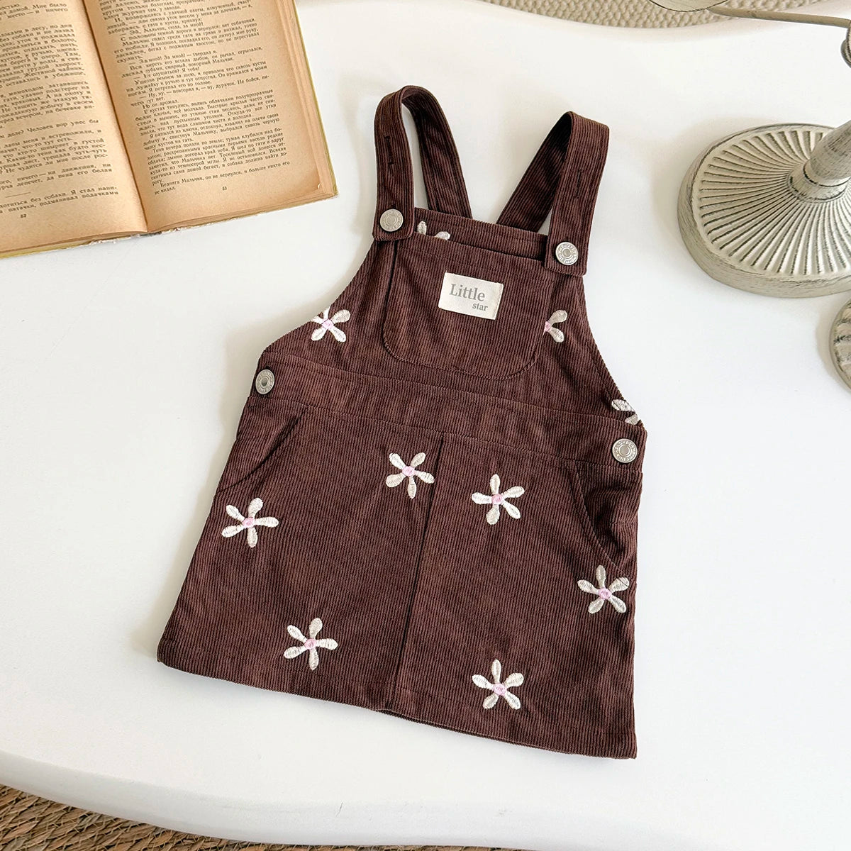 - Chocolate Corduroy Overall Dress – Embroidered Daisy Pinafore Baby Stork