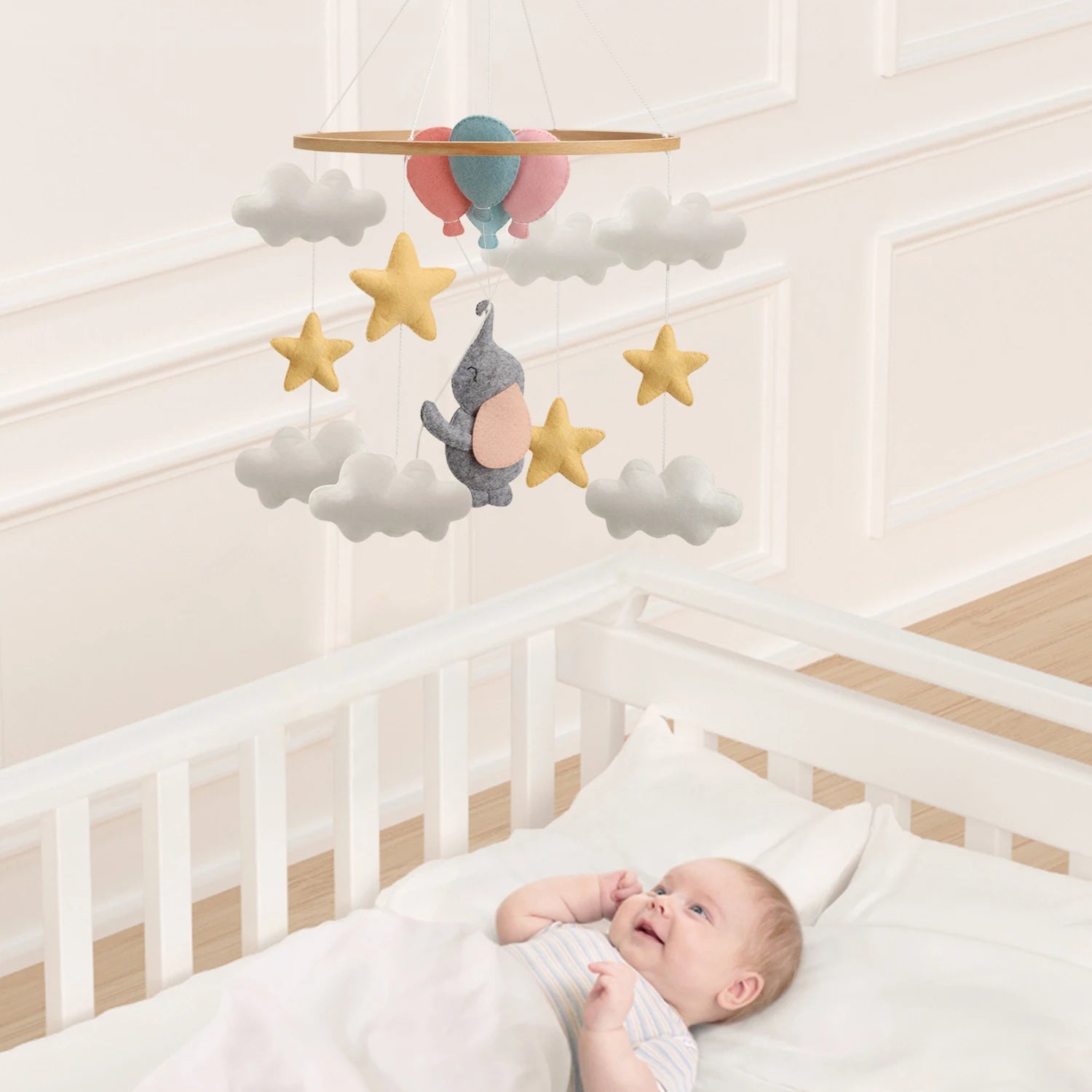 - Elephant Baby Mobile – Clouds, Stars & Balloons Nursery Hanging | Handmade Crib Decor Baby Stork Baby Mobile